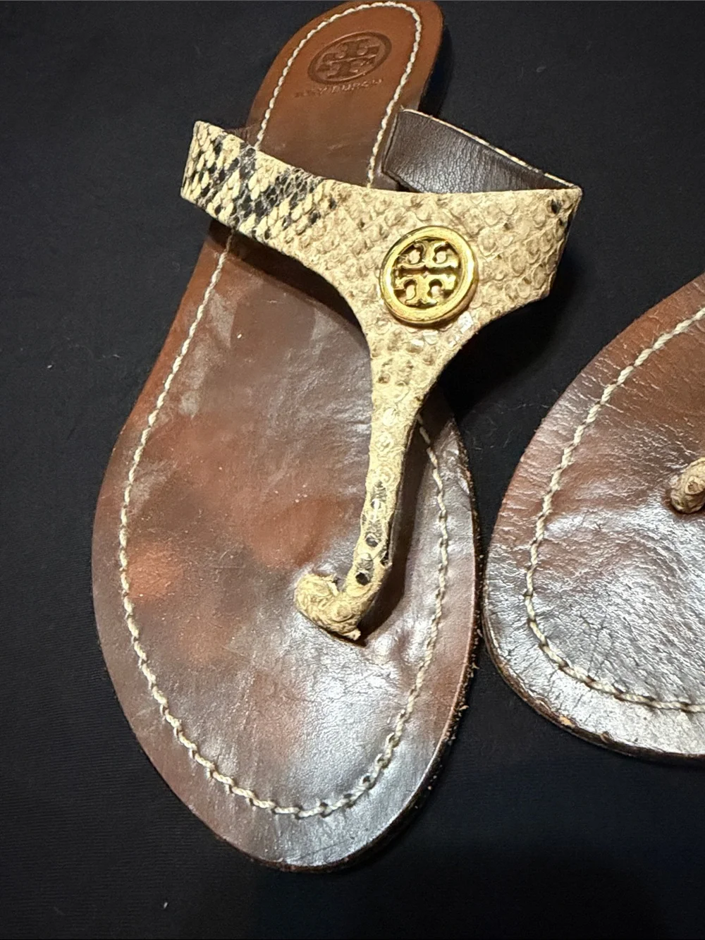 Tory Burch Brown Snakeskin-Pattern Thong Sandals with Gold Logo